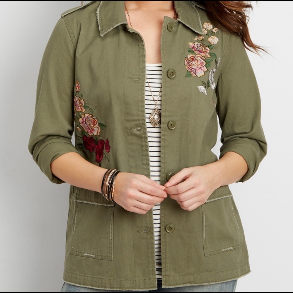 Olive Green Twill Floral Embroidery Utility Jacket